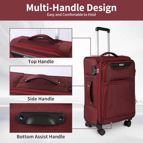 WireHot 3-Piece Softside Expandable Luggage Set with Front Open Pocket, Lightweight and Durable Oxford Fabric Suitcase Set with TSA Lock (Burgundy Wine Red, 20in/24in/28in)