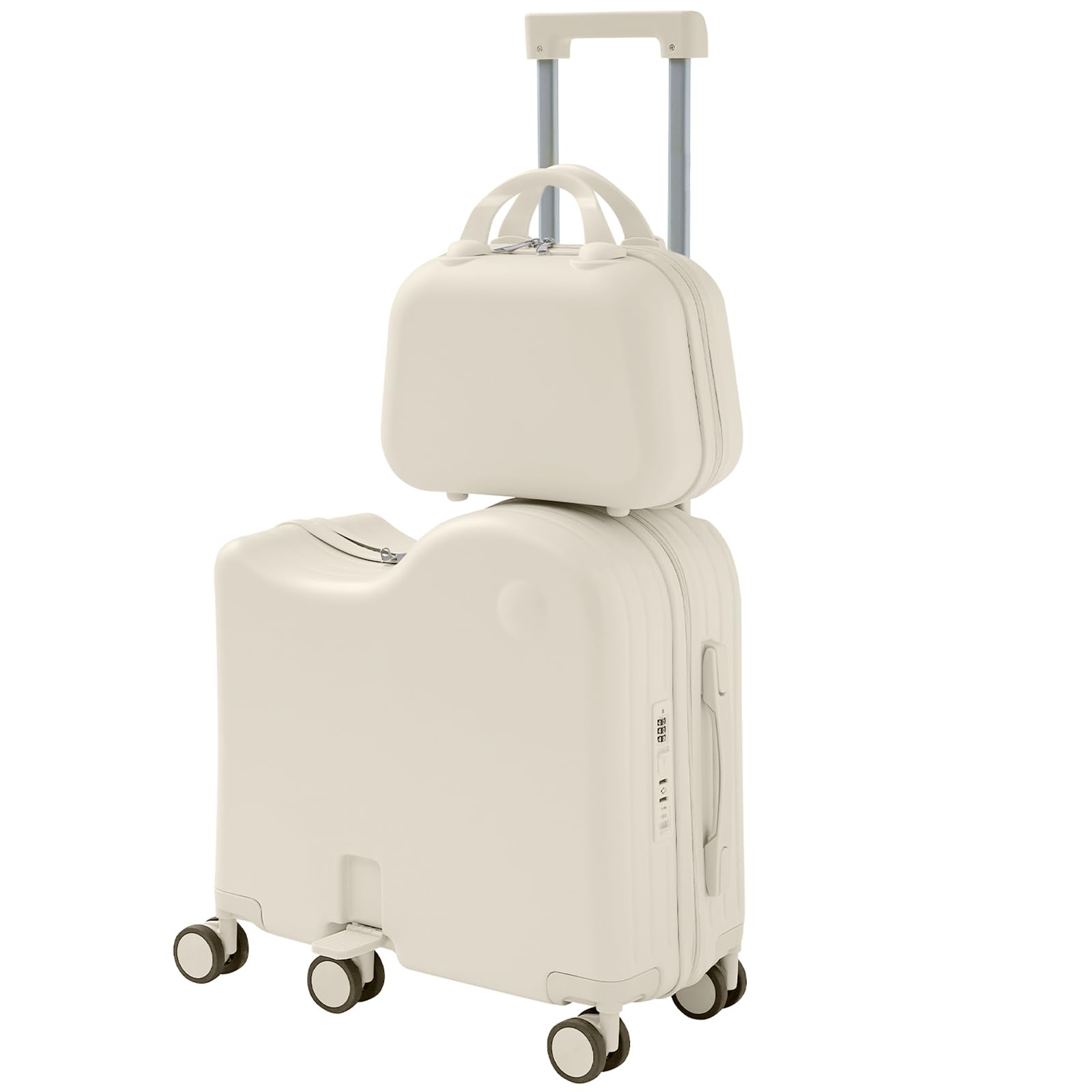 TABU Ride-on Luggage with Portable Bag for Kids，Hardshell Carry On Suitcase with Hidden Cup Holder, Foldable Pedal,Type-C & USB Interface, TSA Lock, 6-Spinner Wheels, White