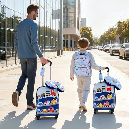 VEVOR Kids Luggage Set, 5 Piece, 18 Inch Hardside Rolling Wheels Suitcase with Backpack & U-shape Pillow, Truck Kids Carry on Luggage Set, Holiday Birthday Gift for Girls Boys, Airline Approved