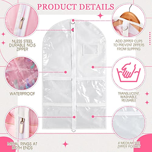 Nuenen 6pcs Garment Bags for Dance Costume Clothing Bags Hanging Clothes Clear Dance Garment Carrier for Dancers with 5 Zipper Pockets Closet Hanging Clothes Cover (White)