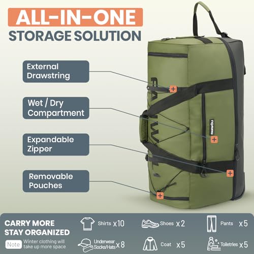 Fanwoli Collapsible & Expandable 100L-120L Large Rolling Duffle Bag - 30'' Waterproof Wheeled Luggage with No-Sag Heavyload Design, Lock & Soft Handle for Travel, Camping, Dorm, Moving (Green)