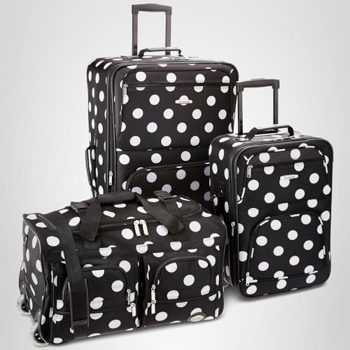 Rockland Vara Softside 3-Piece Upright Luggage Set, Expandable,Black dot, (20/22/28)