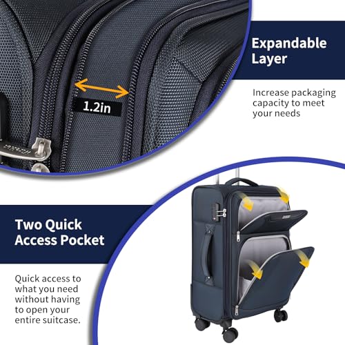WireHot 3-Piece Softside Expandable Luggage Set with Front Open Pocket, Lightweight and Durable Oxford Fabric Suitcase Set with TSA Lock (Blue, 20in/24in/28in)