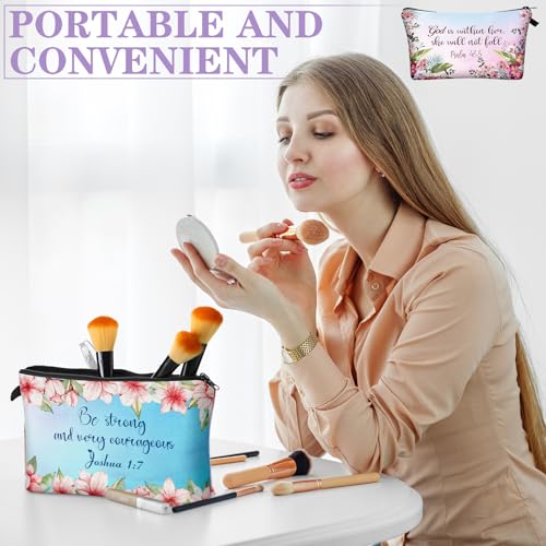 Chunful 12 Pcs Inspirational Christian Gifts Religious Makeup Bags Bulk for Women Bible Verse Flower Cosmetic Bag Gift for Church Ladies, 7.48 x 4.72 Inch(Stylish)
