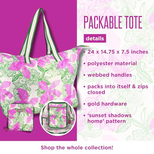 Lilly Pulitzer Large Packable Tote, Reusable Grocery Bag that Packs Into Itself, Tote with Shoulder Strap and Zipper (Sunset Shadows Home)