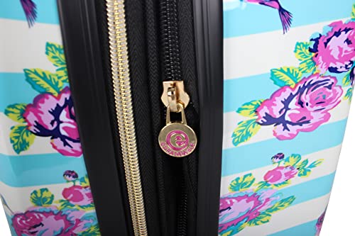 Betsey Johnson Designer Underseat Luggage Collection - 15 Inch Hardside Carry On Suitcase for Women- Lightweight Under Seat Bag with 2-Rolling Wheels (Stripe Floral Hummingbird)