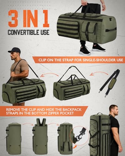 Gonex 130L Extra Large Duffel Bag for Men, Heavy Duty 3 in 1 Convertible Carry Travel Duffle, with Shoe Compartment, Tactical Loops, Sports Gear Bag for Family Trips (Army Green)
