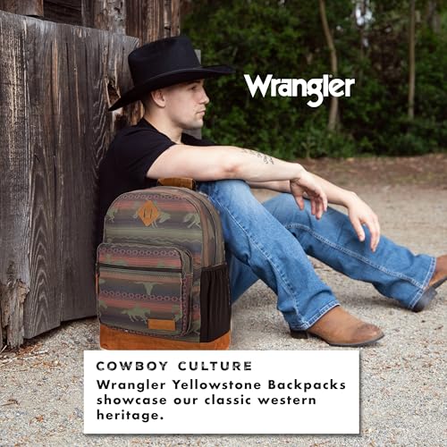 Wrangler Yellowstone Sturdy Backpack for Travel Classic Logo Water Resistant Casual Daypack for Travel with Padded Laptop Notebook Sleeve (Burgandy Patterned)