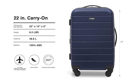 Wrangler Smart Spinner Hardside Luggage, 22-Inch Carry-On, Navy Blue
