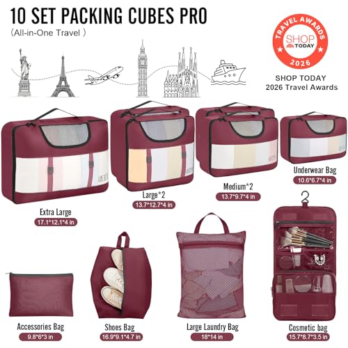 Veken 10 Set Packing Cubes for Travel Essentials, Suitcase Organizer Bags in 4 Sizes, Carry-On Luggage Accessories with Laundry Bag, Airplane Must Have, Gifts for Women Men