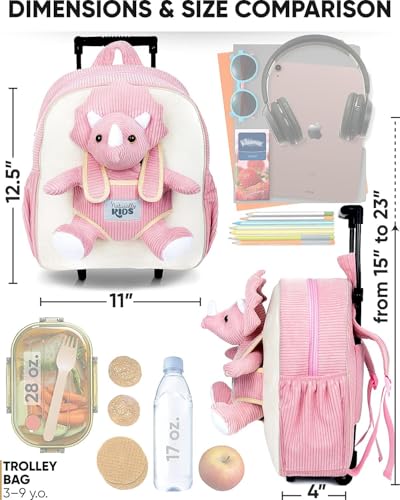 Toddler Luggage for Girls w Dinosaur Toys, Kids Rolling Backpack Girls, Toddler Suitcase, Gifts for 3 4 5 6 Year Old
