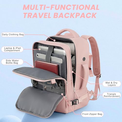 Sinaliy Travel Backpack for Women, Airline Approved Carry on Personal Item Bag, Waterproof 16 Inch Laptop Backpack for Work, College School Business, Convertible Travel Bag with Wet Pocket, Pink