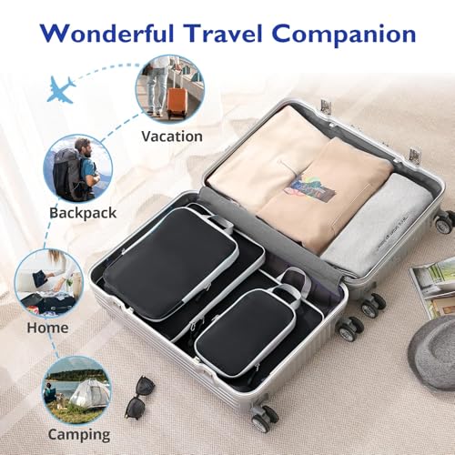 Compression Packing Cubes, 8 Set Packing Cubes for Travel Compression, Lightweight Compressible Package Organizer for Carry On and Suitcases, Black and Grey