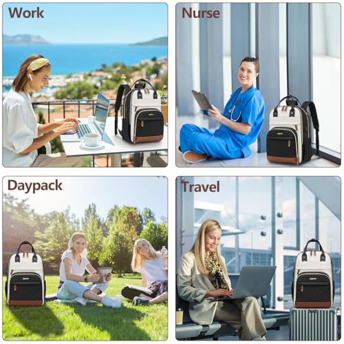 Laptop Backpack for Women Bag - 15.6 inch Work Travel Backpack with USB Charger College Bookbag Waterproof Business Computer Backpack Anti-theft Casual Backpacks for Nurse Teacher Beige Black Brown
