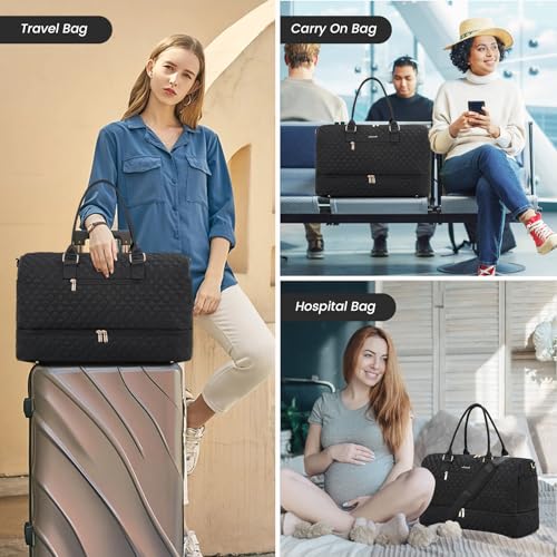 LOVEVOOK Travel Duffle Bag for Women, Weekender Overnight Bag with Shoe Compartment, Carry on Case with Toiletry Kit, Gym Duffel Bag with Wet Pocket, Hospital bags for Labor and Delivery, 3 Pcs Set