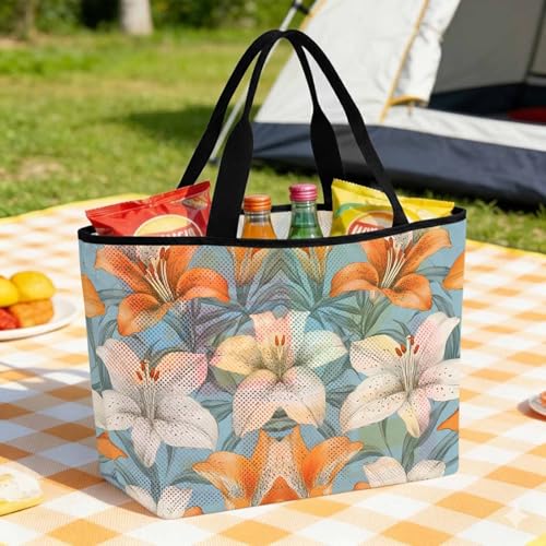 Lily Flower Mesh Beach Bag, White Orange Blooms Floral Watercolor Blue Large Tote Bag for Swim Pool Beach Travel