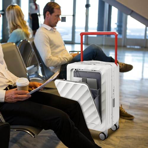 Somago Carry On Luggage Wide Handle 20 Inch Suitcase with Front Compartment Aluminum Framed PC Hardside 22x14x9 No Zipper Business Baggage with Spinner Wheels USB Charging Port TSA Lock