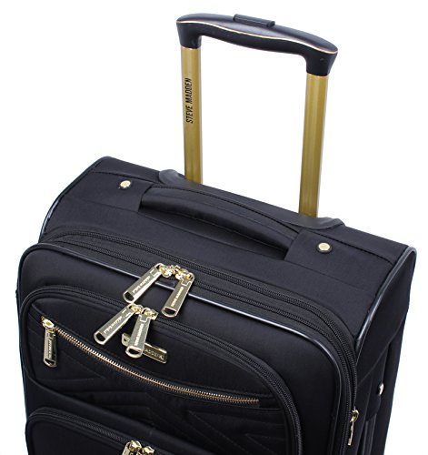Steve Madden Designer-Gepckkollektion Leichter Softside-Koffer fr Damen und Herren strapazierfhige 50,8 cm groe Tragetasche mit 4 rollenden Spinner-Rdern, Rockstar Black, 20in, Carry on Bag With