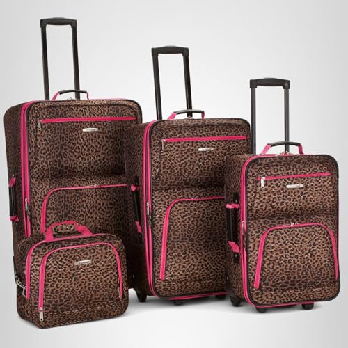 Rockland Fashion Softside 2 Piece Luggage Set, Expandable, (14" Tote/19" Upright), Pink Leopard