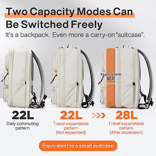 mixi Large Capacity Expandable Travel Backpack for Women & Men 15.6'' Laptop Carry On Weekender Bag Outdoor Hiking with Multifunction Pockets 180° Open Water Resistant 18 Inch 28L, Moonlight White