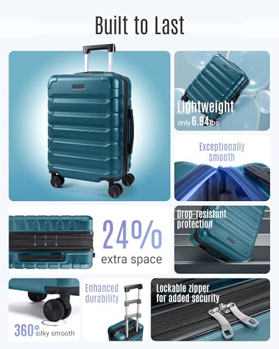 LIGHT FLIGHT Carry On Luggage 22x14x9 Airline Approved, Expandable Carry On Suitcases with Wheels, Lightweight Luggage, Durable Hard Shell 20 Inch Rolling Suit Case for Men Women Travel,Teal Blue