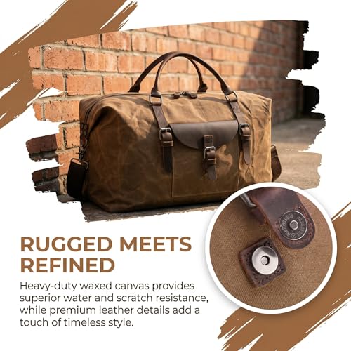 NEWHEY 55L Travel Duffel Bag, Waterproof Waxed Canvas & Leather Weekender Bag for Men, Large Carry-on Overnight Bag for 4-5 Day Business Trips & Weekend Getaways, Brown