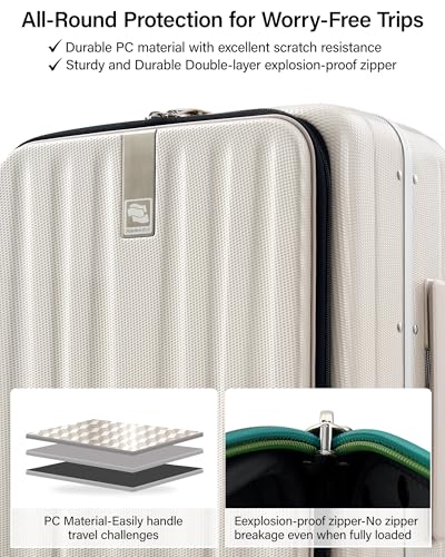 Hanke 20 Inch Carry On Luggage with Wheels PC Hard Shell Suitcase Top Opening Aluminum Frame Travel Luggage Suitcases for Woman Men Gifts.(Ivory White)