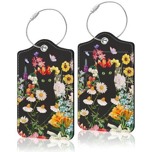 2 Pcs Luggage Tags for Suitcases Black Cat PU Leather Luggage Tag with Privacy Cover Label Address Card and Durable Metal Ring Suitable for Travel Suitcase Bag Handbags Backpacks