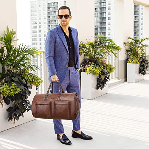 Modoker Convertible Leather Garment Bag, Carry on Garment Bags for Travel Waterproof Garment Duffel Bag Gifts for Men Women Business - 2 in 1 Hanging Suitcase Suit Travel Bags in Brown