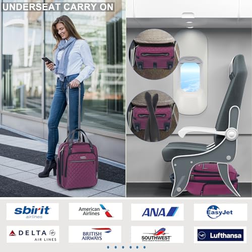 EMPSIGN Underseat Carry On Wheeled - 16" Carry on Bag with Wheels Multi-functional Lightweight Rolling Bag Overnight Weekender Small Suitcase for Women Men Travel Business, Burgundy