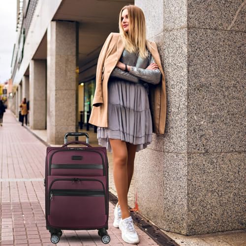 KROSER Softside Expandable Carry On Luggage with Front Business Pockets，20 Inch Suitcases with Spinner Wheels & Built-in TSA Lock, Durable Suitcase Rolling Luggage with USB Port, Burgundy