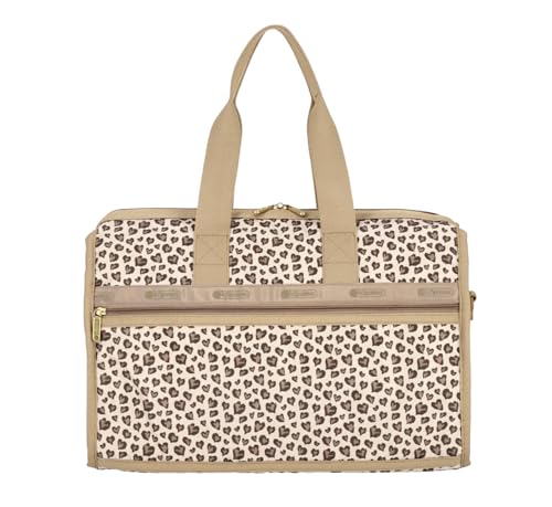 LeSportsac Latte Heart Leopard Brown Deluxe Medium Weekender Crossbody Bag, Style 4318/Color HC09, Modern Abstract Interpretative Heart Leopard Design in Cocoa, Palomino & Mocha