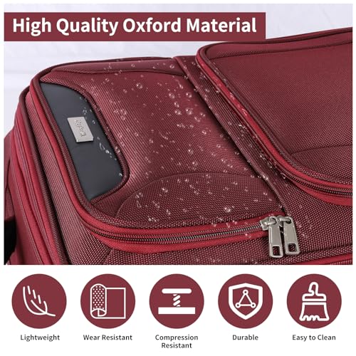 WireHot 3-Piece Softside Expandable Luggage Set with Front Open Pocket, Lightweight and Durable Oxford Fabric Suitcase Set with TSA Lock (Burgundy Wine Red, 20in/24in/28in)