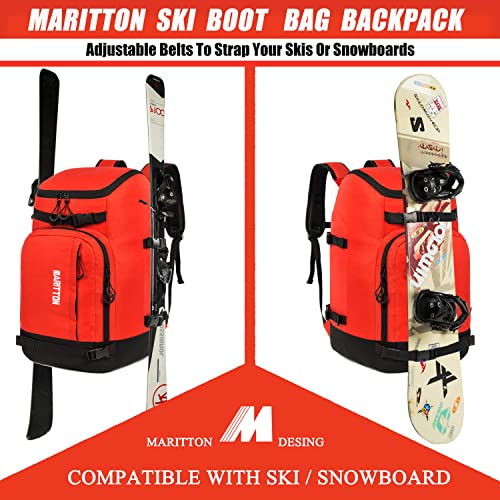 MARITTON Ski Boot Bag - Ski Boots and Snowboard Boots Travel Backpack for Ski Helmet, Goggles, Gloves, Skis, Snowboard & Accessories. (red)