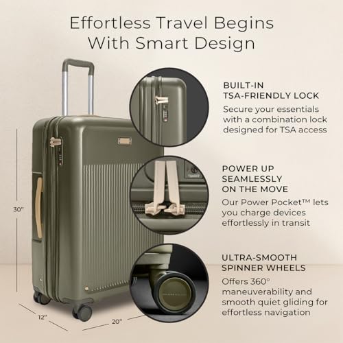 Briggs & Riley 30" Large Expandable Spinner - Checked Luggage for Travel, Suitcases with Wheels, Hardside Rolling Bag for Men & Women, Self-Repairing Zipper - Sympatico Collection, Olive