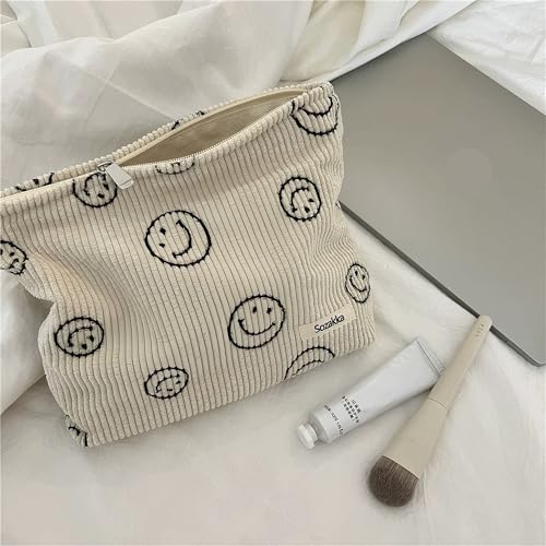 Gardsell Cosmetic Bags for Women - Corduroy Cosmetic Bag Aesthetic Women Handbags Purses Smile Dots Makeup Organizer Storage Makeup Bag Girls Case Bags (A-Beige)
