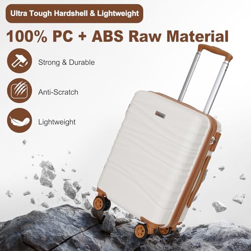 Romswi Expandable 22x14x9 Airline Approved,21" Carry On Luggage,Hardshell Suitcase with Double Spinner Wheels for 20% More Space, Lightweight Hardside Luggage, Scratch-Resistant & YKK Zipper, White