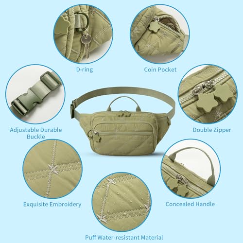 Quilted Fanny Pack for Women, Lightweight Puffy Crossbody Sling Belt Bag with Adjustable Strap, Multi-Pocket Dual Zipper Waist Purse for Travel Running Casual Daily Use (Black)