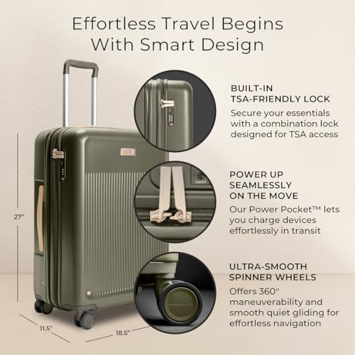 Briggs & Riley 27" Medium Expandable Spinner - Checked Luggage for Travel, Suitcases with Wheels, Hardside Rolling Bag for Men & Women, Self-Repairing Zipper - Sympatico Collection, Olive