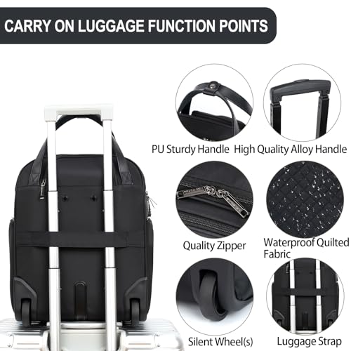 EMPSIGN Underseat Carry On Wheeled - 16" Carry on Bag with Wheels Multi-functional Lightweight Rolling Bag Overnight Weekender Small Suitcase for Women Men Travel Business, Black