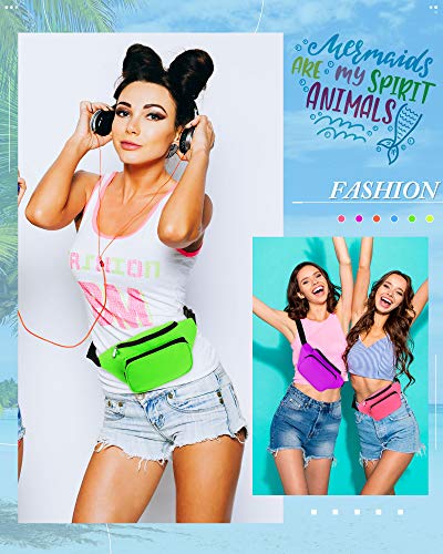 Weewooday 6 Pieces Neon Fanny Pack Adjustable Waist Bag 80s 90s Party Fanny Bags 2 Retro Zippers Travel Running Pack for Outdoor Rave Party Women Men Favors Gifts Supplies
