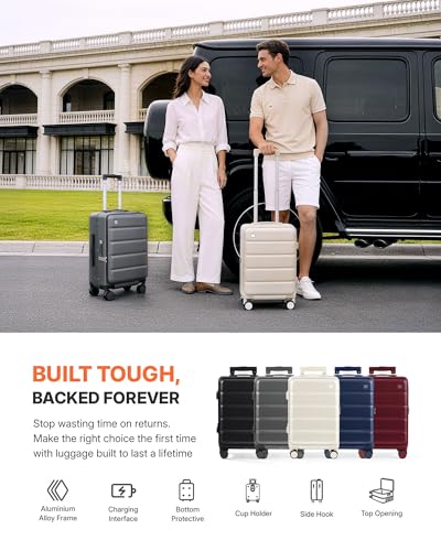 ISLAND ELEPHANT 20 Inch Carry On Luggage with Cup Holder and USB Port, Top Opening Hard Shell Suitcase with TSA Lock, Spinner Wheels, Airline Approved Lightweight, Woman Men Gifts-Grey