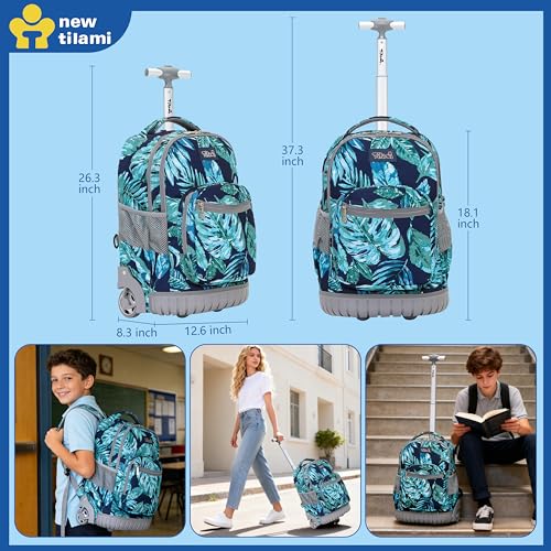 NEW TILAMI 18 Inch Rolling Backpack for Kids, Boys Wheeled Laptop Rolling Backpack for Girls Travel School Student Trip Using, Leaves