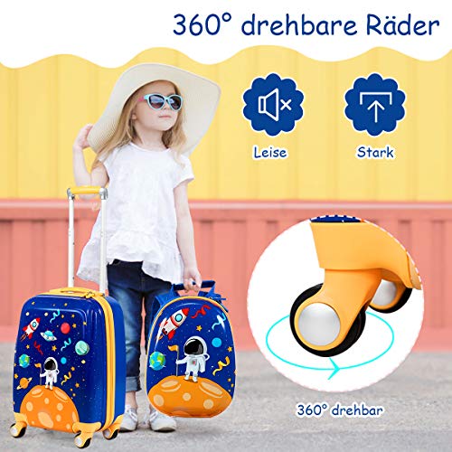 HONEY JOY Kids Luggage, 12" Toddler Backpack & 18" Travel Suitcase with Wheels, Lightweight Toddler Suitcase, Durable ABS Hardshell, 2Pcs Carry On Luggage Set for Boys Girls, Blue Astronaut