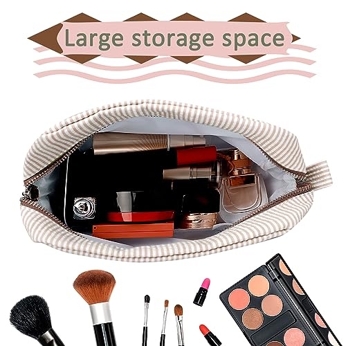 GFU Cosmetic Bags for Women, Seersucker Cosmetic Bag, Travel Toiletry Stripe Makeup Bag, Large Women Aesthetic Organizer Storage Pouch, Girls Handbags Purses, brown