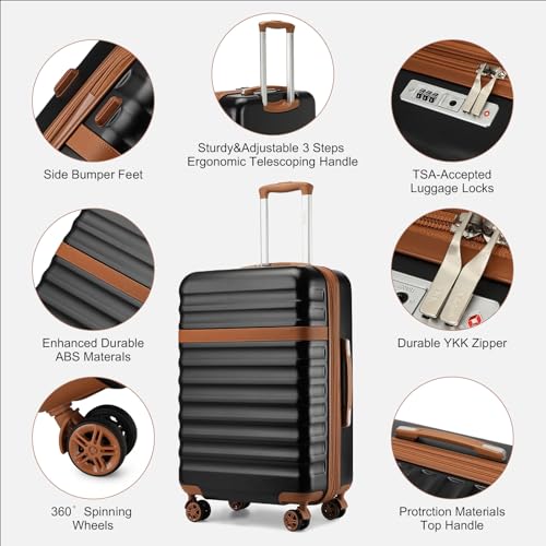 Kono Medium Sized Checked Luggage, 24 Inch Expandable with Spinner Wheels, TSA Lock, ABS + PC Lightweight Travel Suitcase with Larger Capacity and Lighter Weight, Black Brown