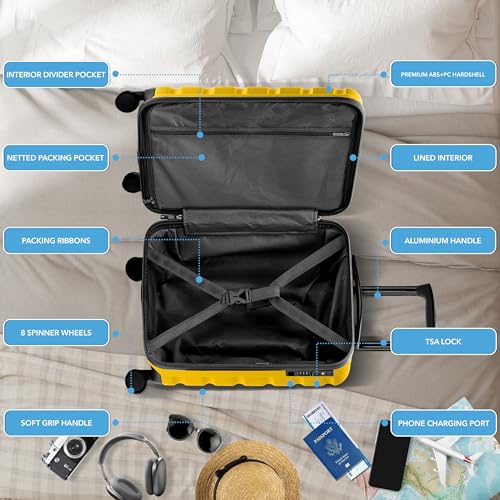 Flight Knight 22x14x9" Expandable Carry On Suitcase Hardside TSA Lock USB C Port Lightweight Luggage Silent Double Spinner Wheels Maximum Overhead Carry-On Bag For American & United Approved Airlines
