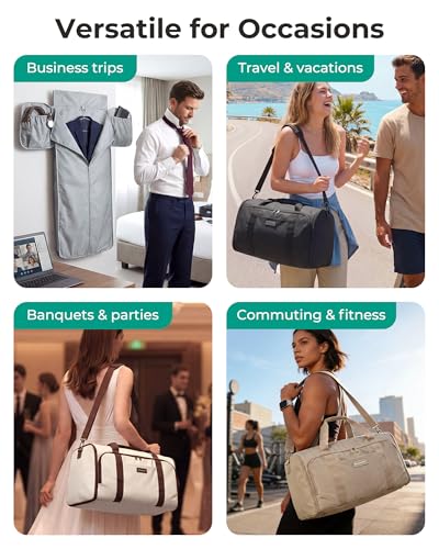 BAGSMART Garment Bag Duffle Bag for Travel Convertible 2 in 1 Suit Bag for Hanging Clothes Carry on Travel Bag with Shoes Bag,Shoulder Strap Weekender for Dresses, Coats, Shirts (White)
