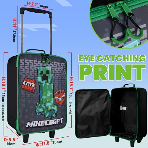 Minecraft Kids Luggage with Wheels Foldable Rolling Suitcase Creeper Travel Bag Vacation Weekend Trips Travel Essentials (L18.1inch x W11.8inch - 15L, Black)