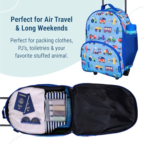 Wildkin Kids Rolling Luggage – Carry-On Size for School & Overnight Travel - Trains, Planes, and Trucks